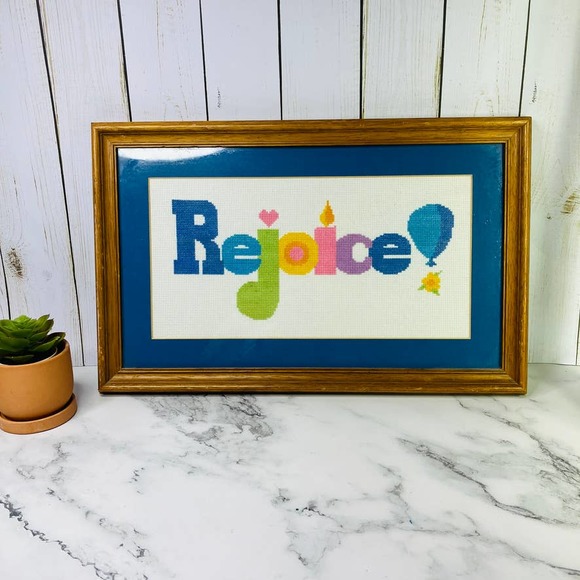 Rejoice Cross Stitch Framed Needlepoint Vintage Wall Decor 17x11 Rainbow 80s - Picture 1 of 9